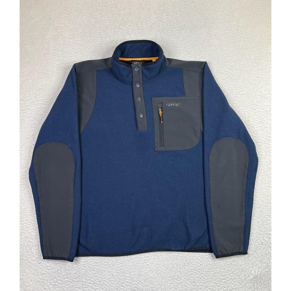 Orvis‎ Pullover Mens XL Blue Gray Snap Fleece Grid Knit Quarter Button Mock Neck
